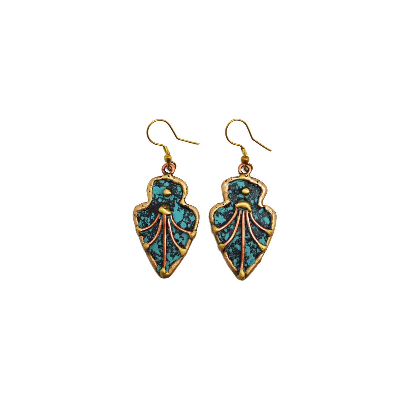 Arrow Shaped Brass and Copper with Blue and Green Patina Earrings