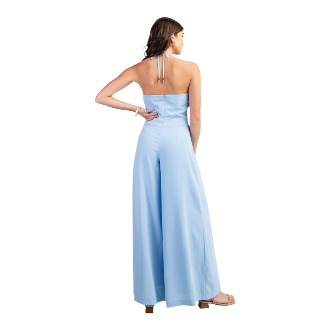 TWILIGHT STROLL BLUE HALTER NECK WIDE LEG JUMPSUIT