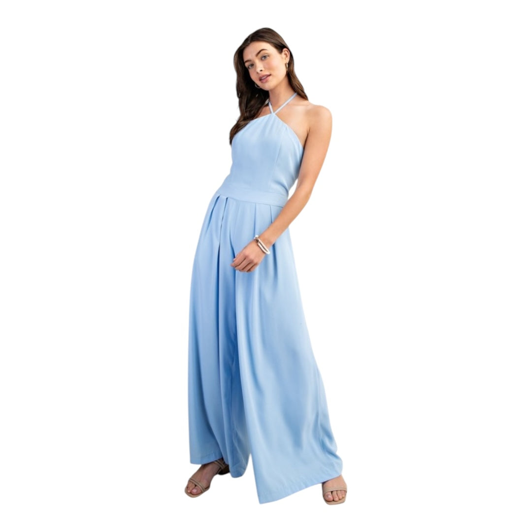 TWILIGHT STROLL BLUE HALTER NECK WIDE LEG JUMPSUIT