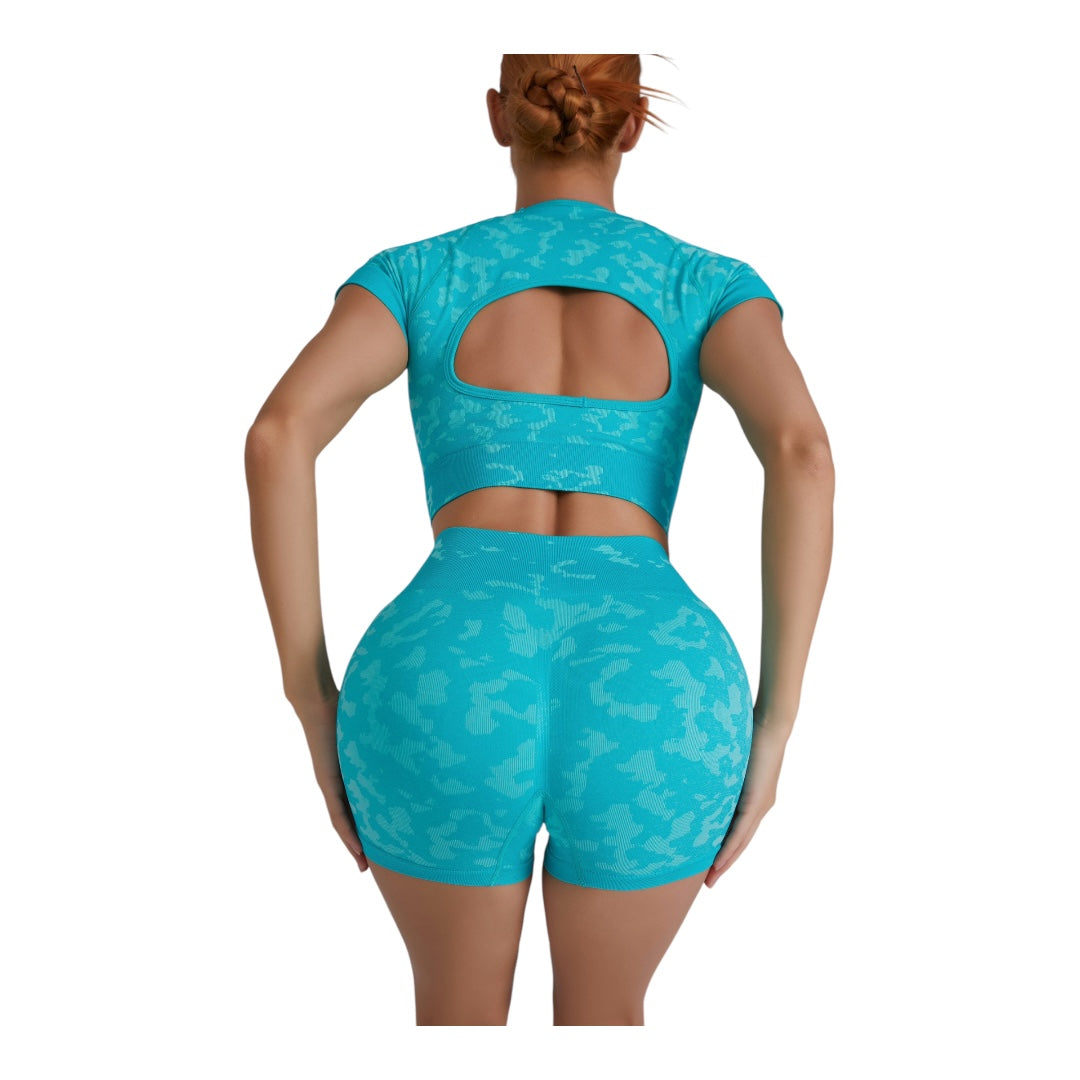 Camo Print Seamless Crop Top High Waisted Short Activewear Set
