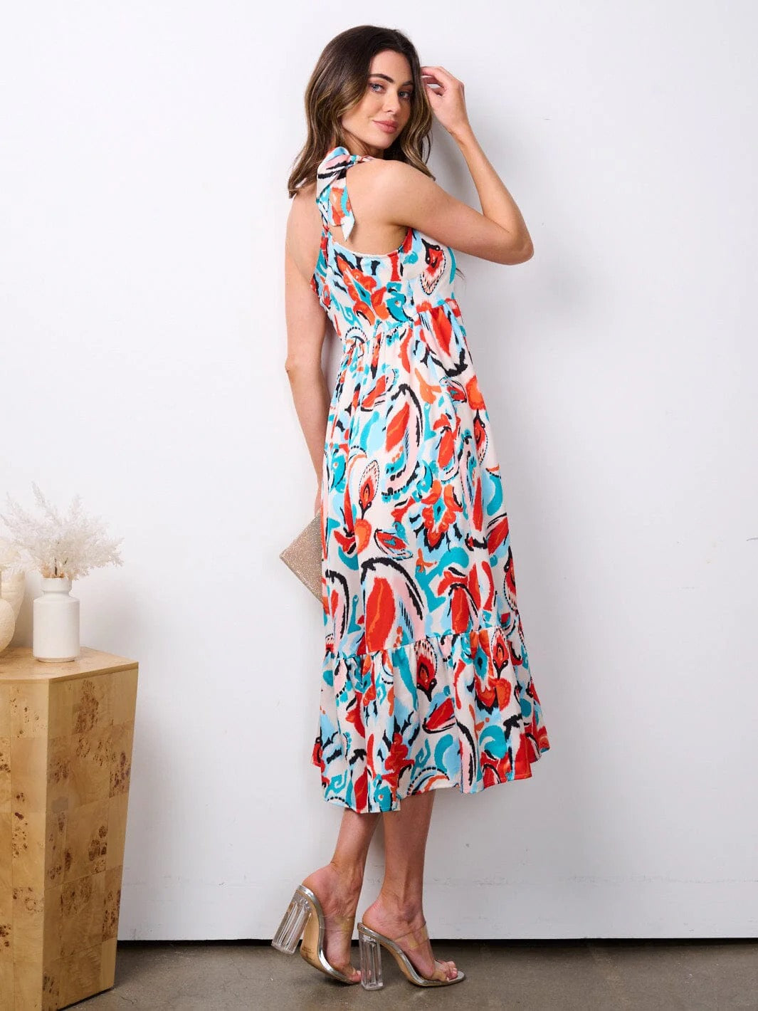 LOVE KNOT TIE ONE SHOULDER TIERED MULTICOLOR ABSTRACT MIDI DRESS