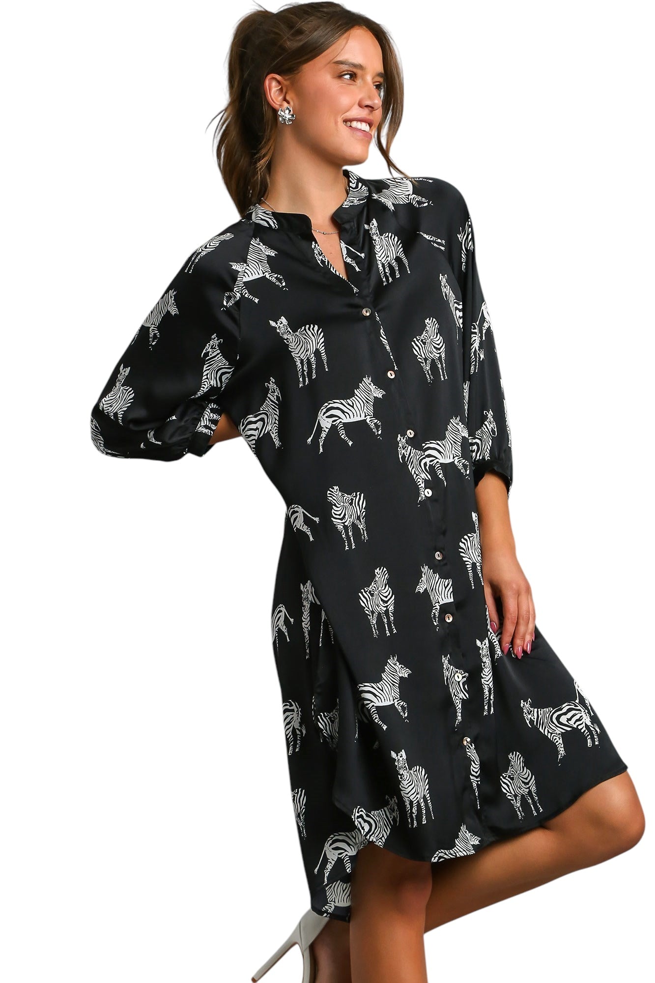 Satin Zebra Print Button Down High Low Hen Midi Dress