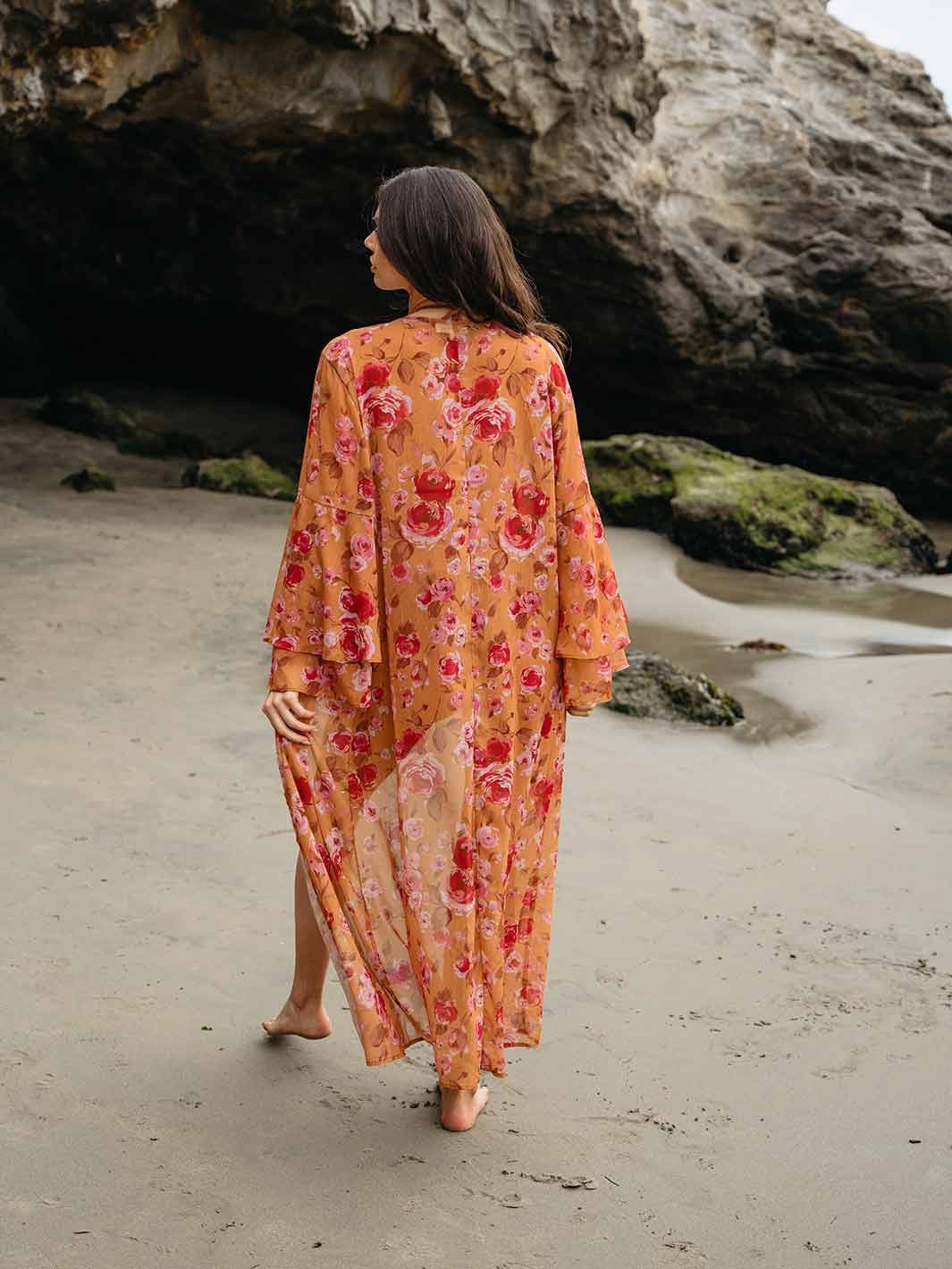 FLORAL RUFFLE SLEEVE OPEN FRONT FLORAL KIMONO/ SWIM COVERUP