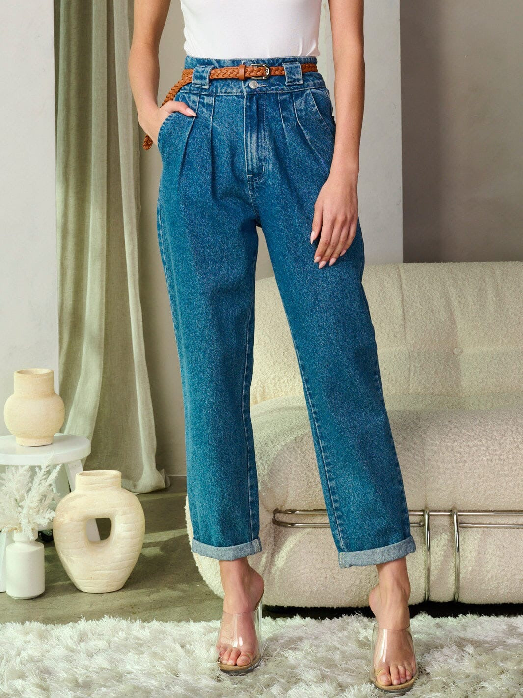 BLUE MEDIUM WASH HIGH WAIST BAGGY ROLL HEM BELTED DENIM JEANS