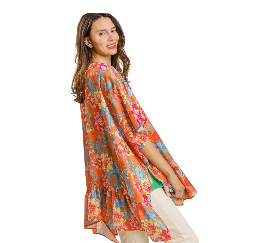 Floral Print Ruffle Sleeve Open Front Kimono with Side Slits