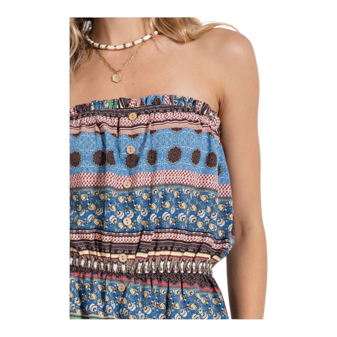 Gabby Sky Blue Mixed Print Button Detailed Tube Midi Strapless Maxi Dress