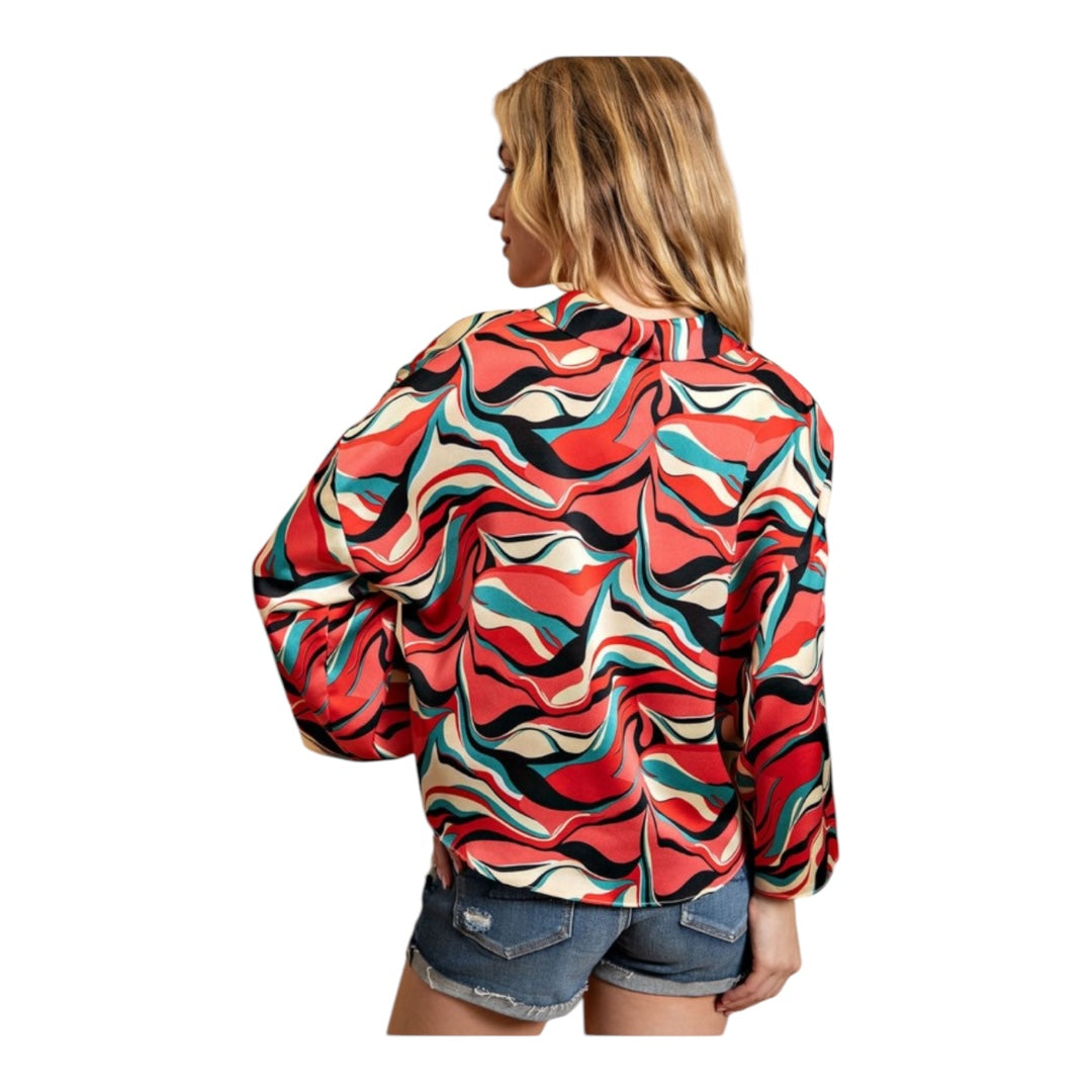 RETRO WAVE TIE ABSTRACT WIDE SLEEVE TOP