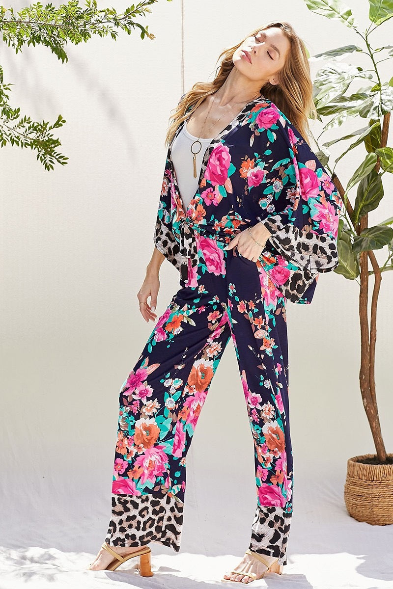FLORAL AND LEOPARD MIX PRINT KIMONO PANTS RESORT SET