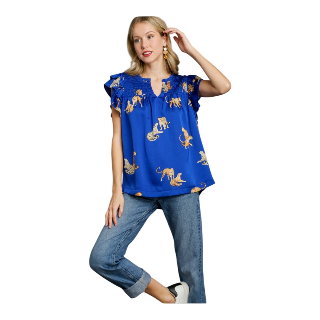 Cheetah Print Boxy Cut Split Neck Top