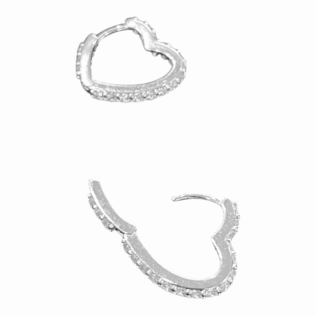 Silver Dipped Cz Heart Hinge Hoop Earrings