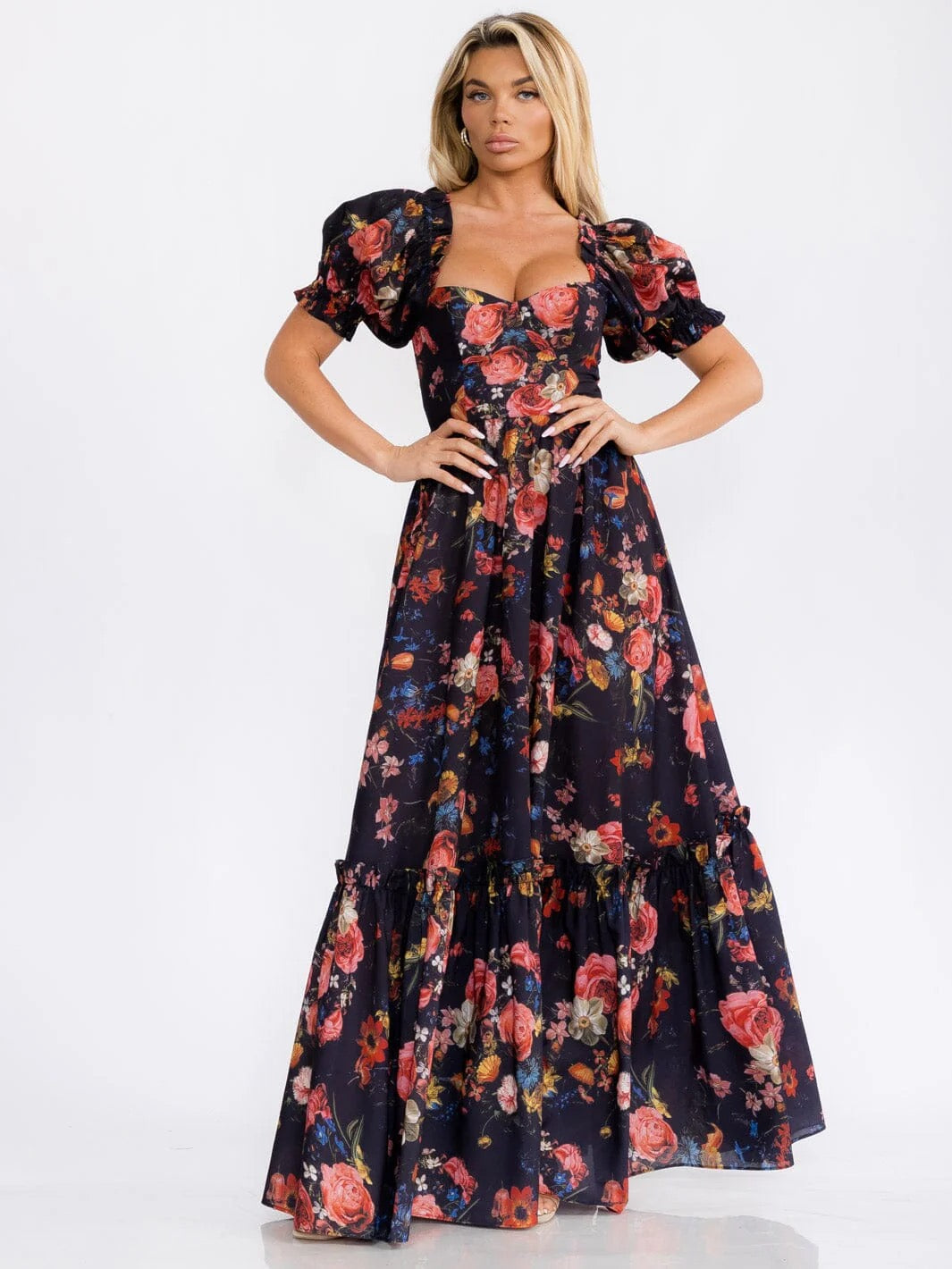 BLACK PINK FLORAL SHORT PUFF SLEEVES MAXI DRESS