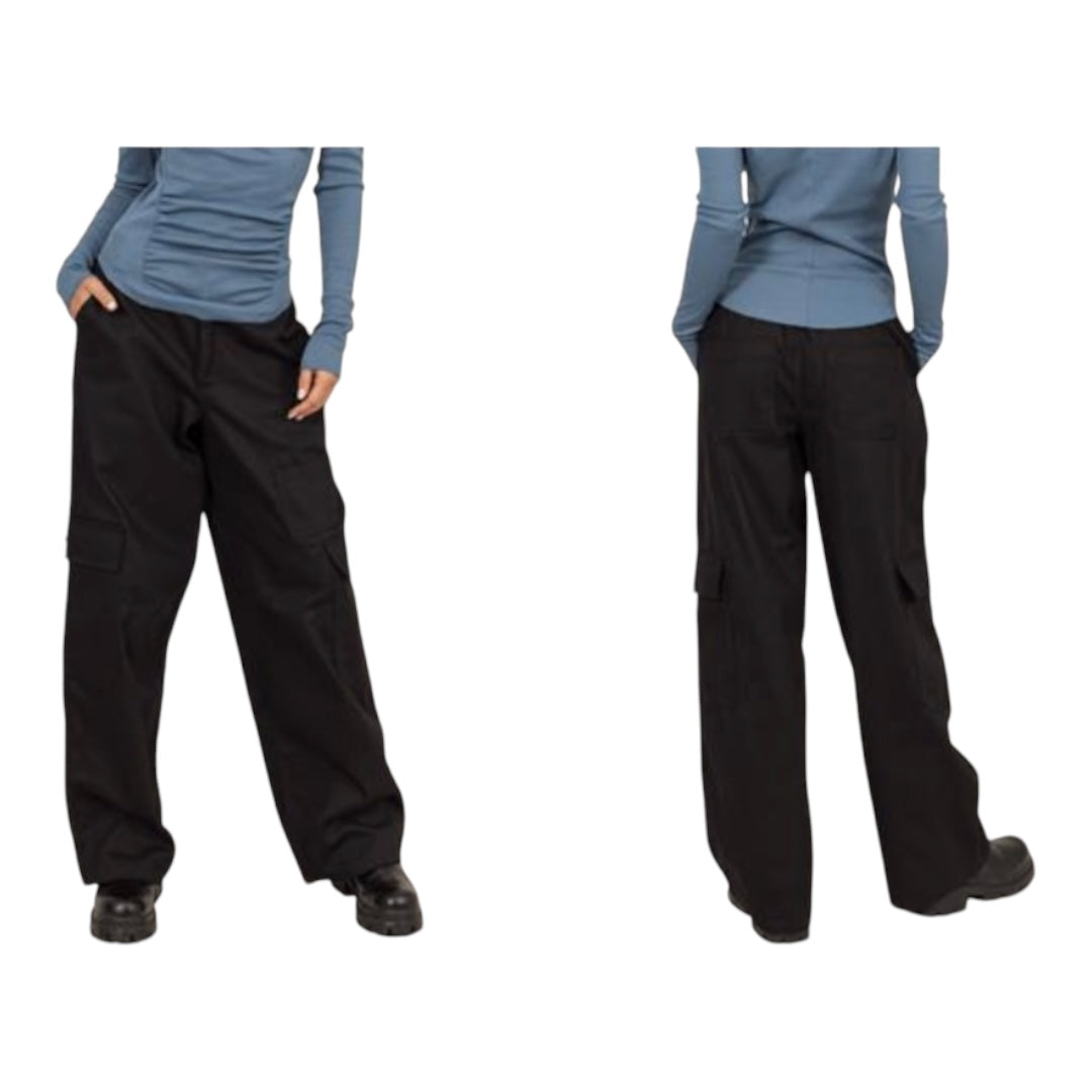 Black Elastic Waist Wide - Leg Cargo Pants