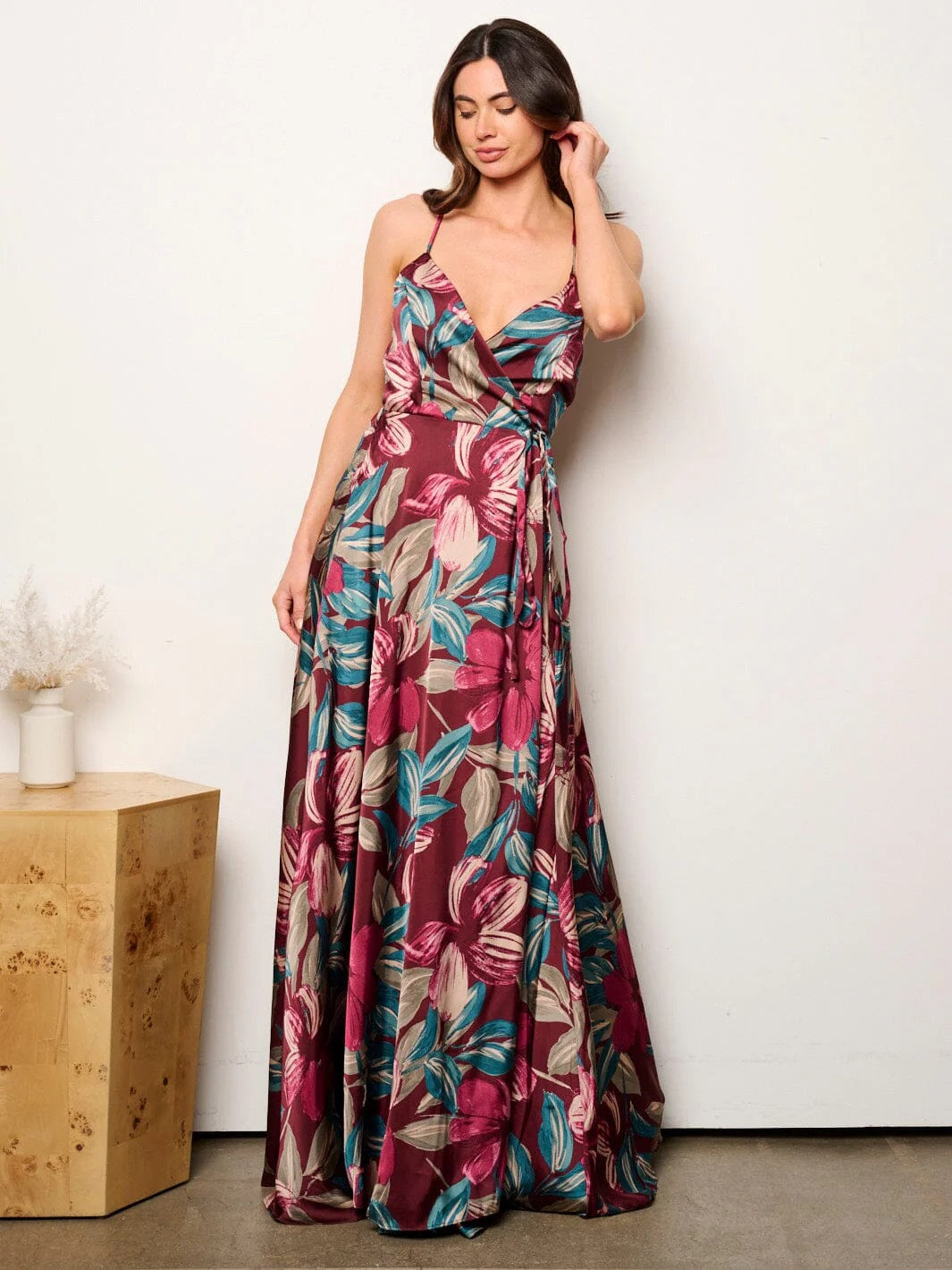 OPEN BACK FLORAL WRAP MAXI DRESS