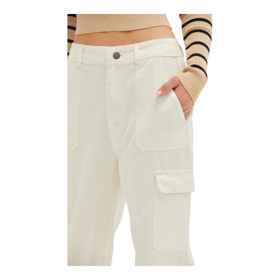 Cream High Waisted Wide Leg Cargo Pants