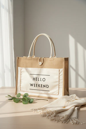 Burlap tote bag Hello Weekend