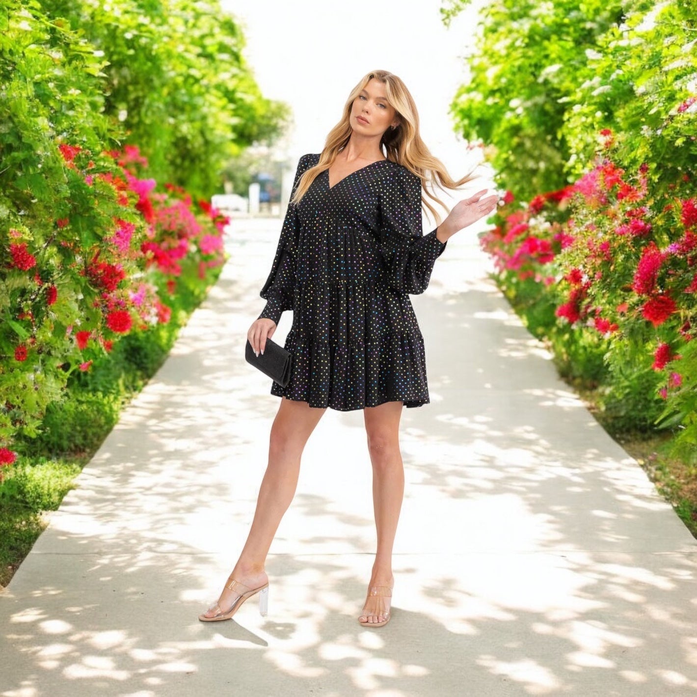BLACK MULTI COLOR POLKA DOT PRINT TUNIC MINI DRESS