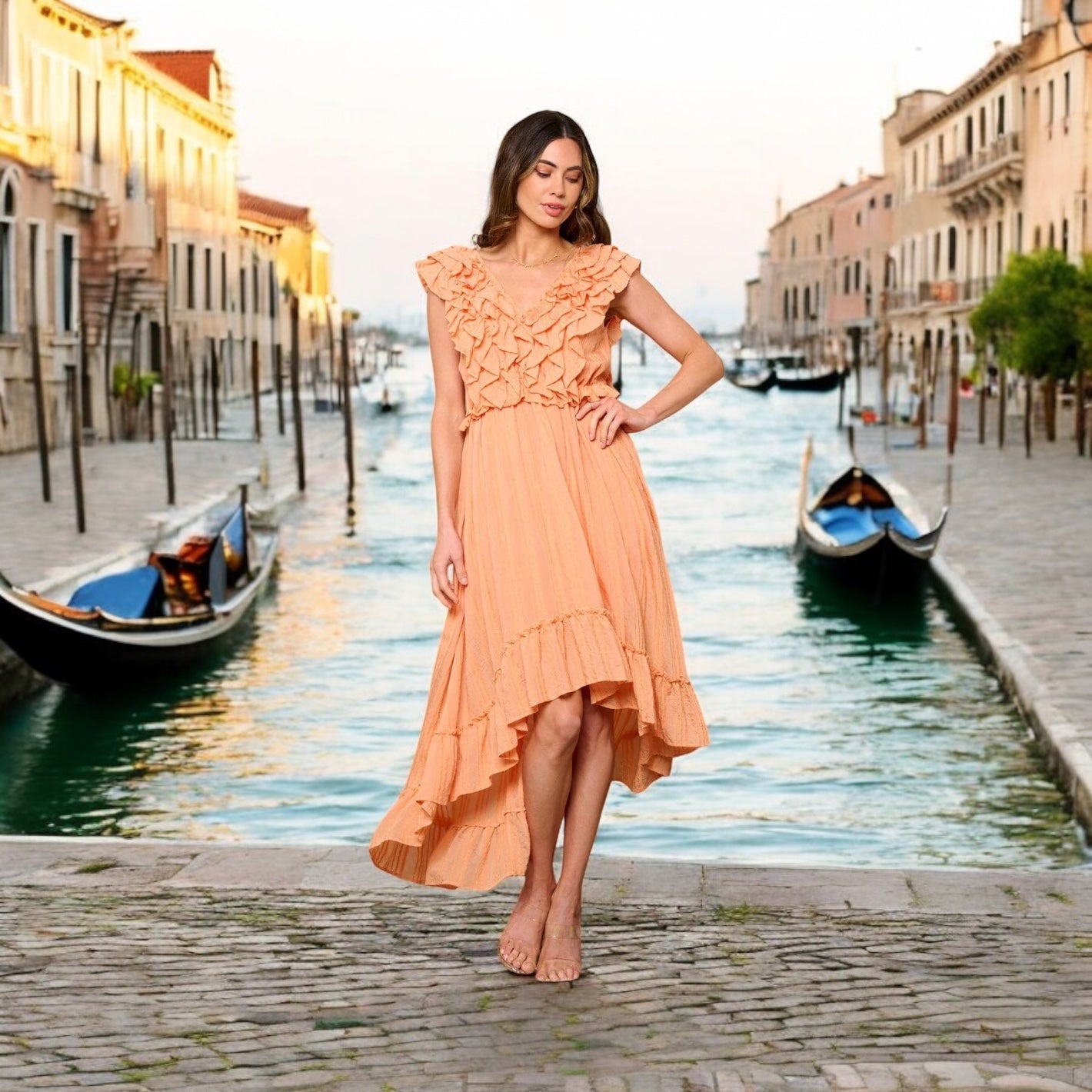 RUFFLE FRONT HIGH-LOW SLEEVELESS MIDI DRESS