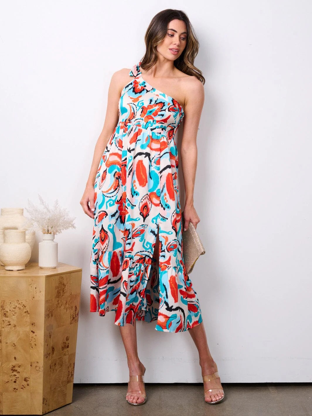 LOVE KNOT TIE ONE SHOULDER TIERED MULTICOLOR ABSTRACT MIDI DRESS