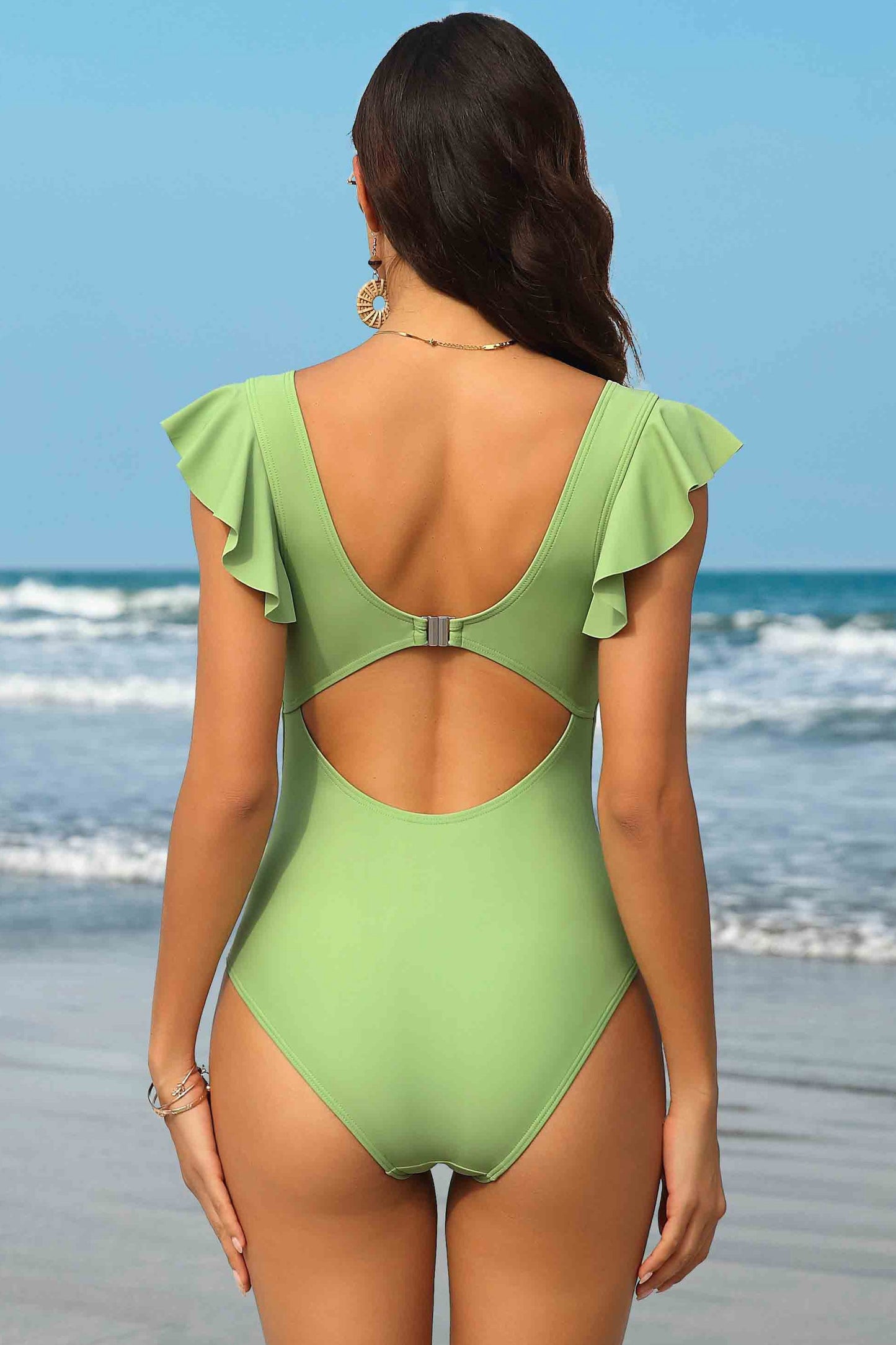 Lt. Green Ruffled Sleeve V Neck Tummy Control High Cut One-piece Swimsuit