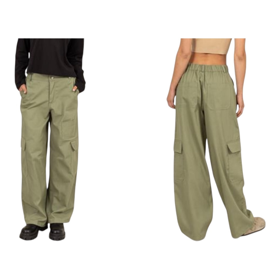 Olive Green Elastic Waist Wide - Leg Cargo Pants