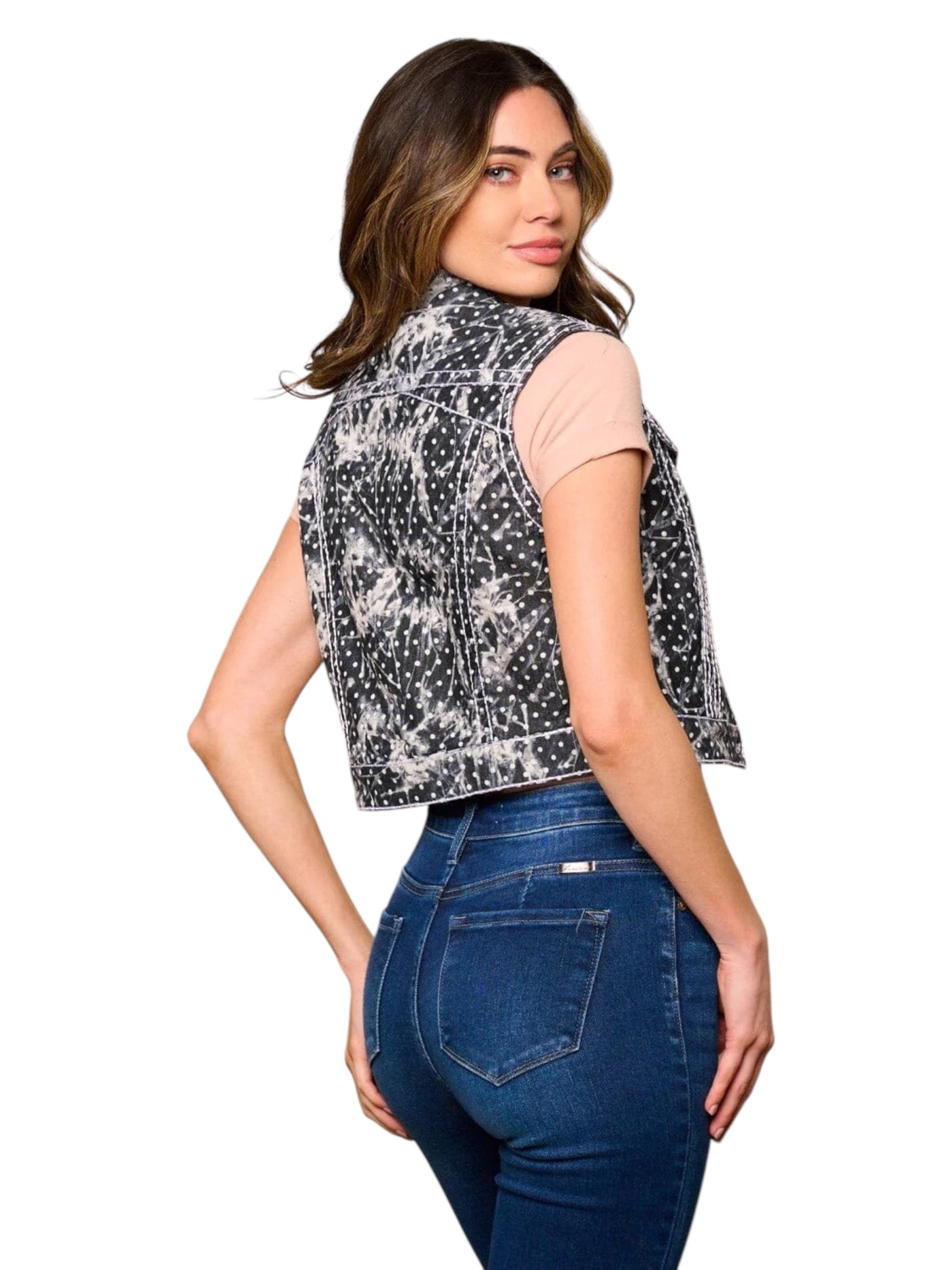 BLACK POLKA DOTS WASHED DENIM VEST
