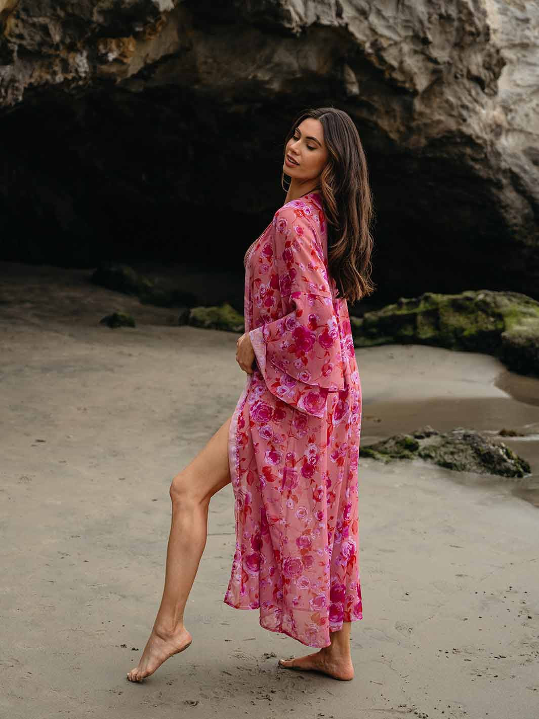FLORAL RUFFLE SLEEVE OPEN FRONT FLORAL KIMONO/ SWIM COVERUP