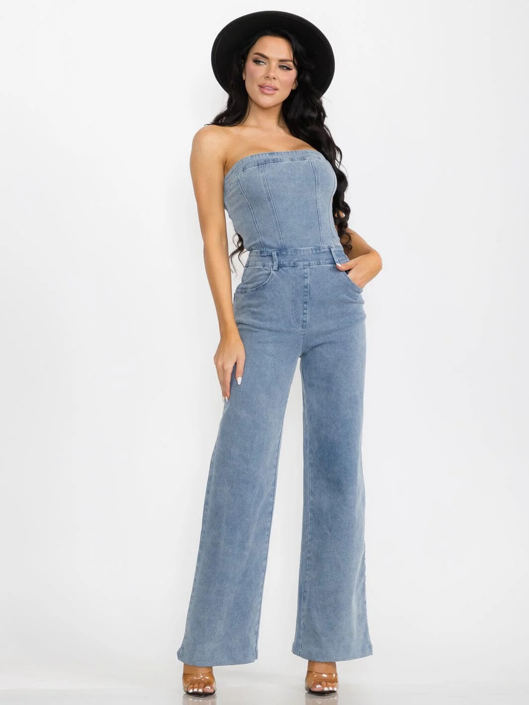 RODEO REBEL STRAPLESS STRETCH WIDE LEG POCKET DENIM JUMPSUIT