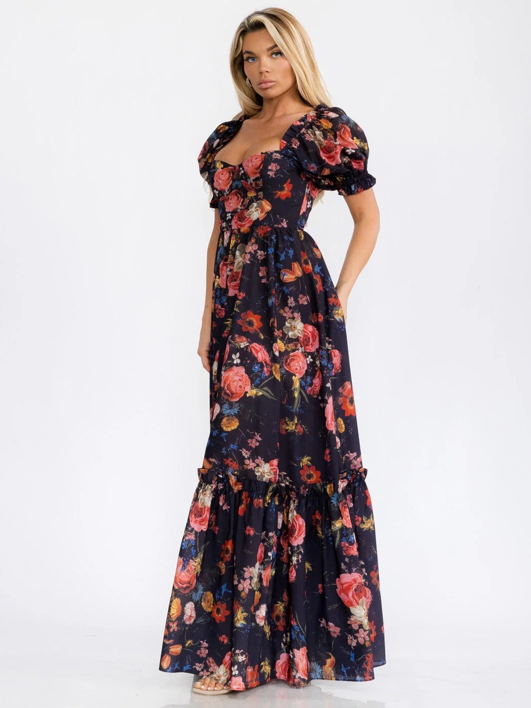 BLACK PINK FLORAL SHORT PUFF SLEEVES MAXI DRESS