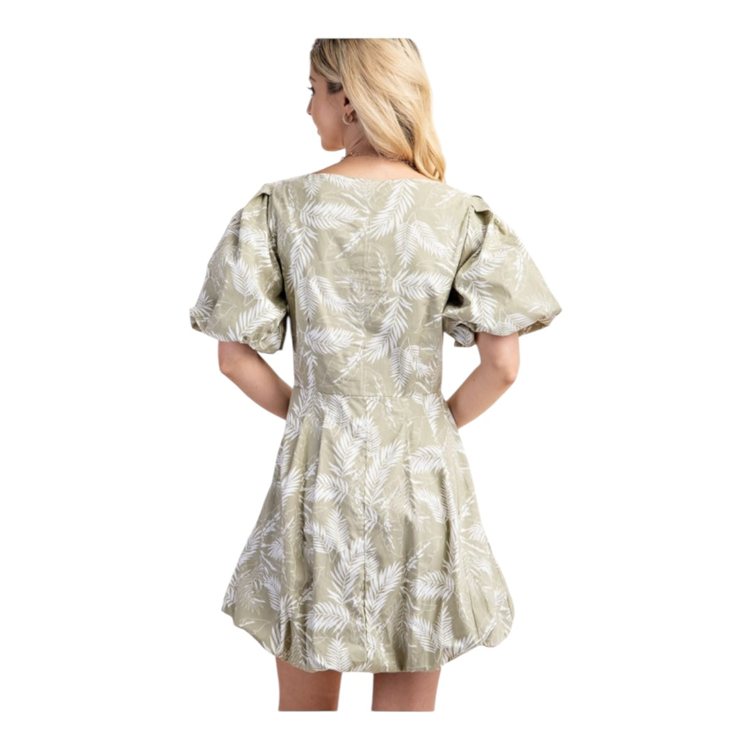Leaf Printed Bubble Hem Short Sleeve Dress
