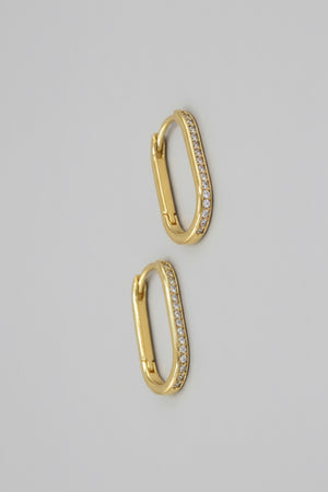 Gold pave edge oval hoop earrings, close-up