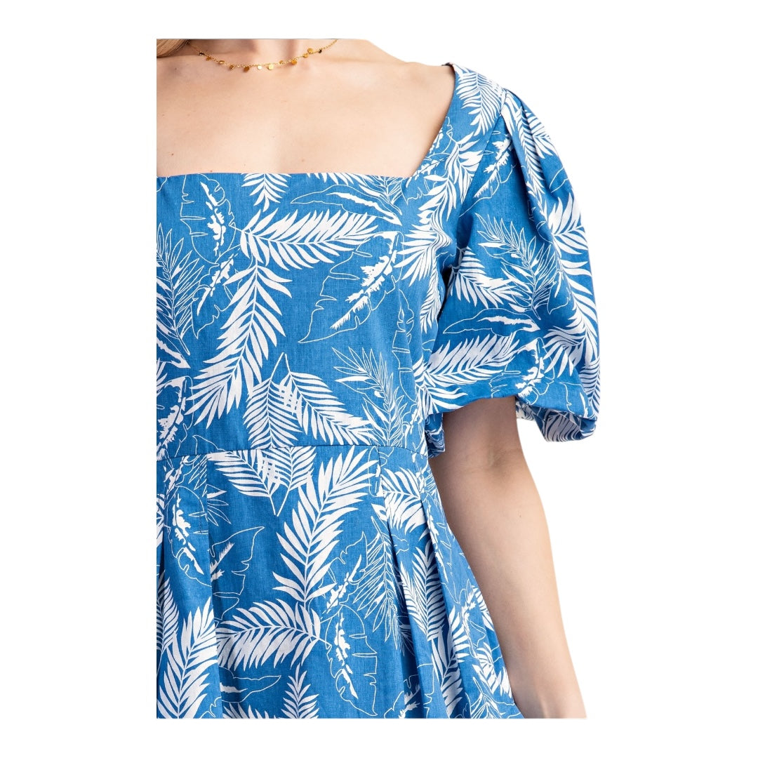 Leaf Printed Bubble Hem Short Sleeve Dress