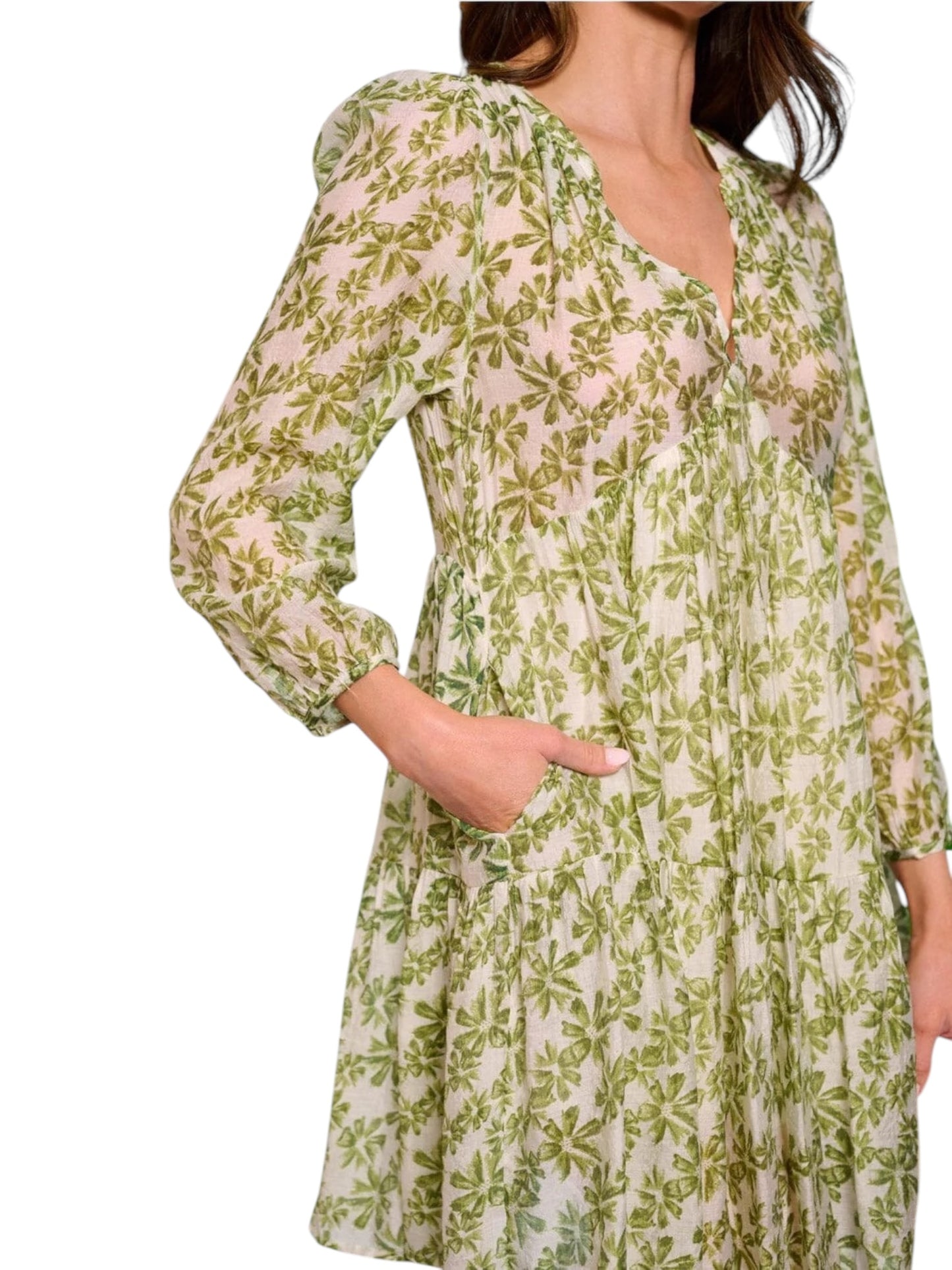 GREEN FLORAL V-NECK TUNIC MINI DRESS