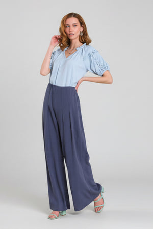 Wide leg linen-cotton pants with pin tucks