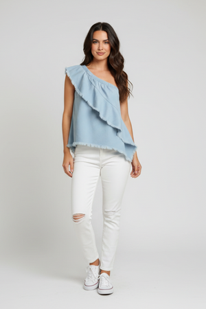 Blue one-shoulder sleeveless top with unfinished hem