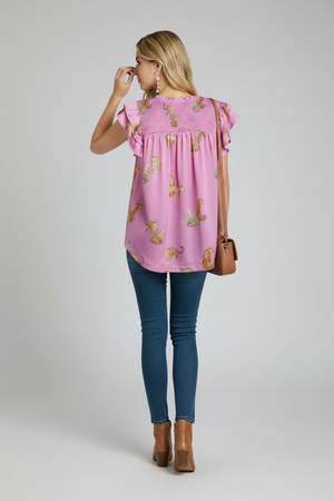 Cheetah print split-neck boxy top, relaxed fit