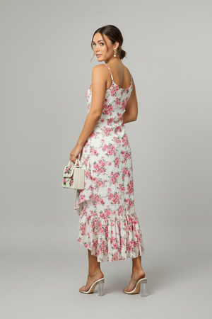 High-low midi dress with floral ruffle hem