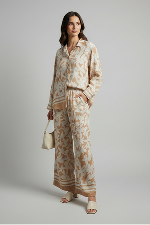 Beige and cream floral wide-leg pant set