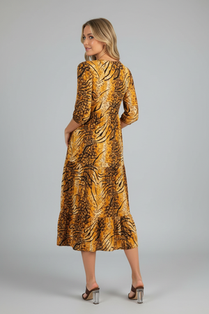 Tiger print tiered midi dress with front pockets