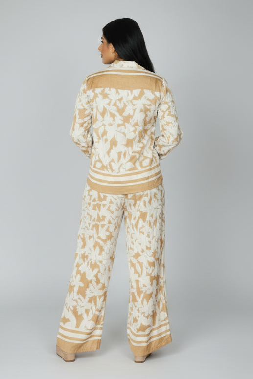SUNSET PETALS BEIGE & CREAM WIDE LEG TWO PIECE SET