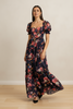 Black and pink floral maxi dress with puff sleeves