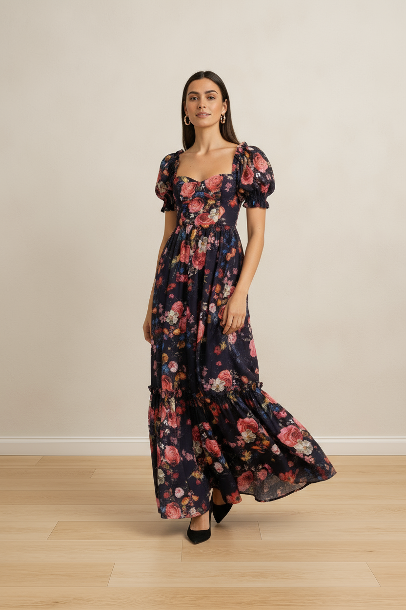 BLACK PINK FLORAL SHORT PUFF SLEEVES MAXI DRESS