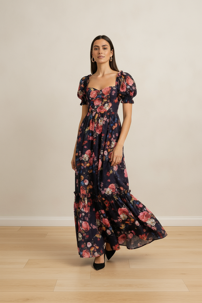 BLACK PINK FLORAL SHORT PUFF SLEEVES MAXI DRESS