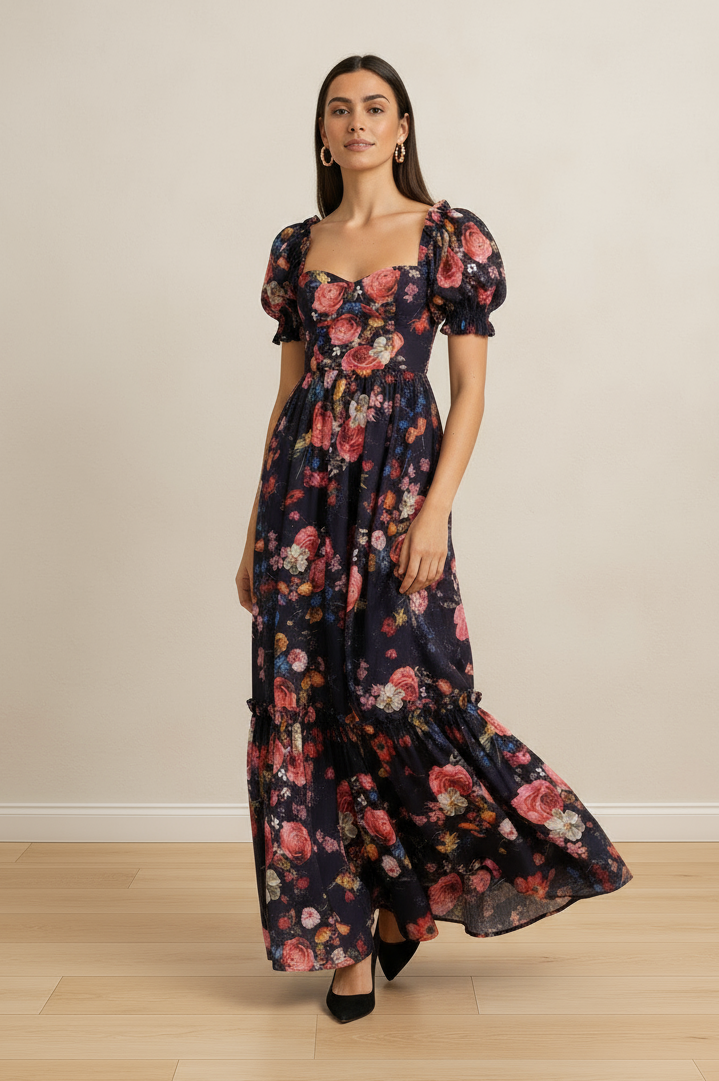 Black and pink floral maxi dress with puff sleeves
