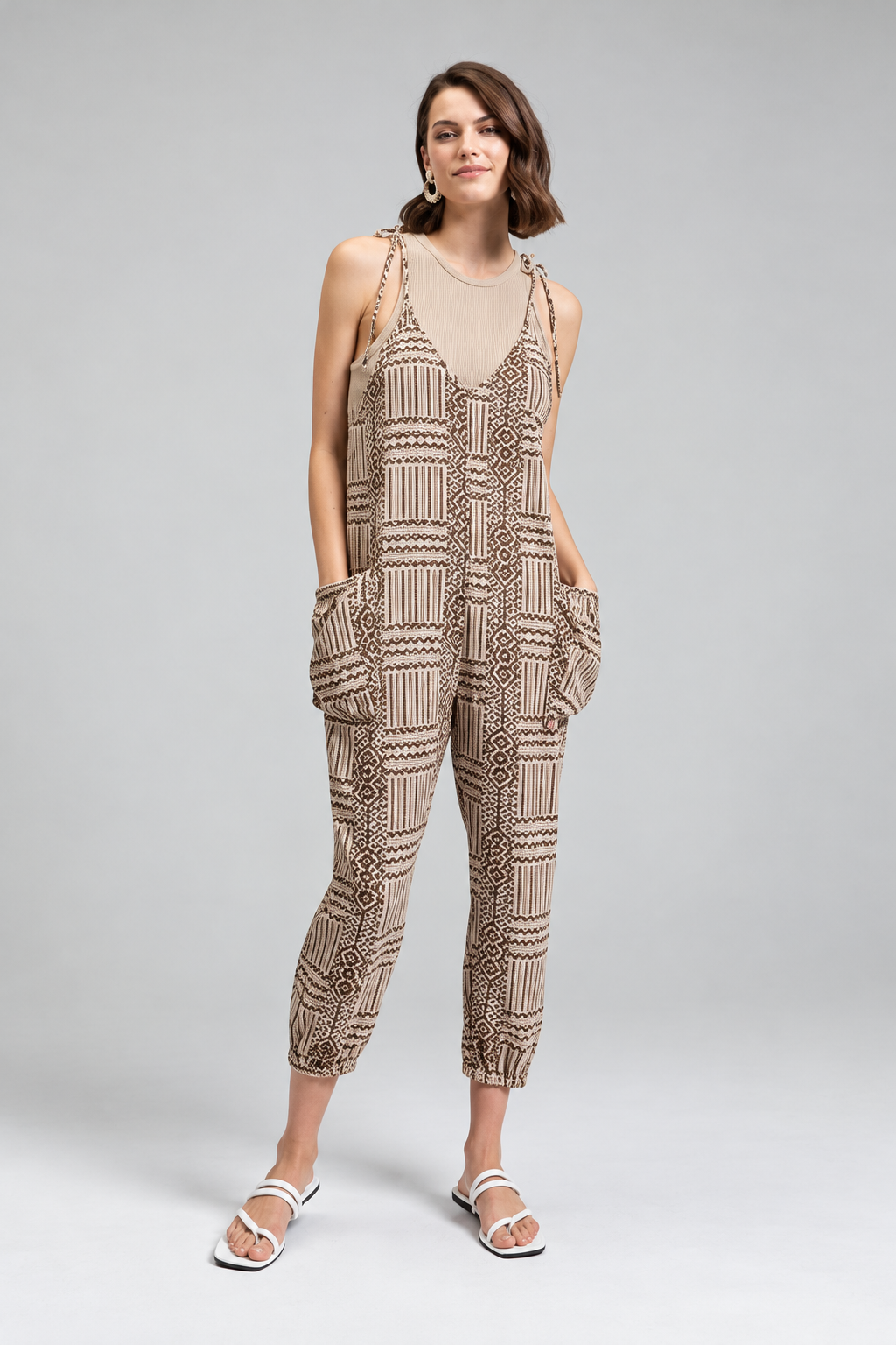 Tulum Drift Tribal Print Shoulder Tie Pockets Jumpsuit