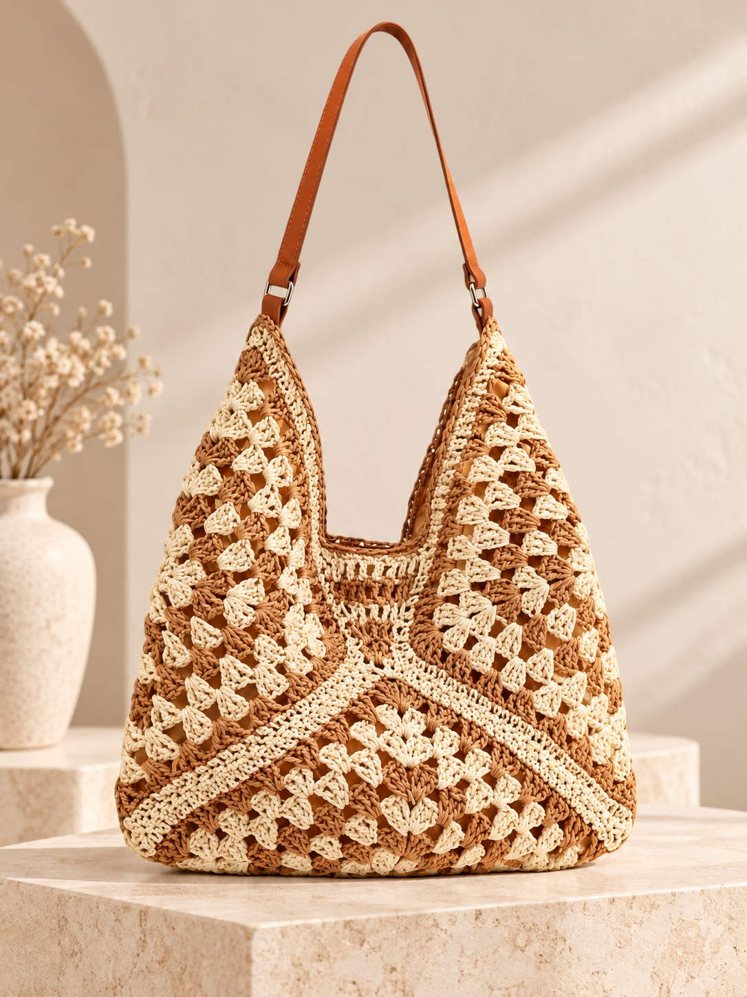 Woven Whimsy Two Tone Raffia Knit Shoulder Bag
