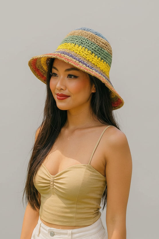 Bohemian starburst multi-color straw bucket hat