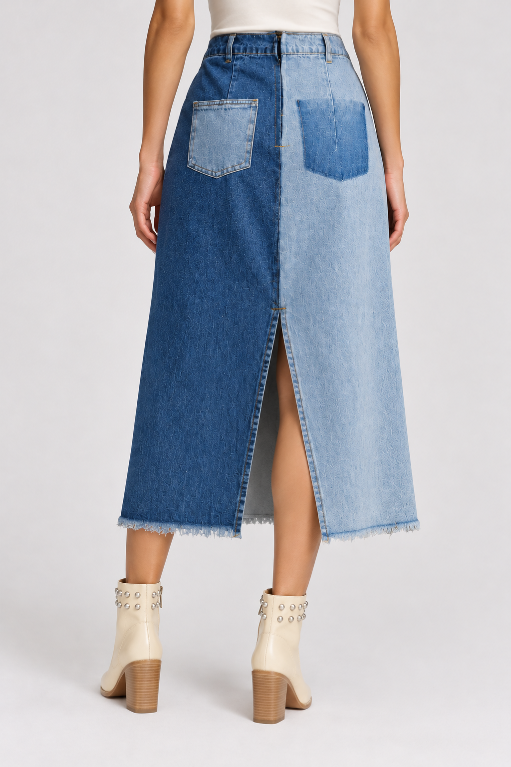 Patchwork Blues Button 2-Tone Denim Midi Skirt