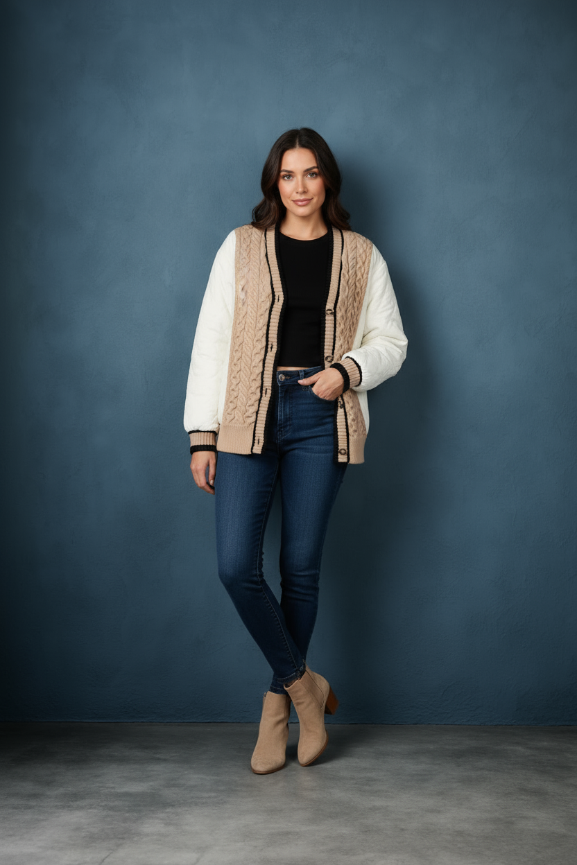 Quilt & Cable Knit Puffer Cardigan