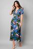 Tropical floral midi dress, side view showing fluid silhouette