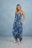 Sleeveless blue floral print jumpsuit, front view
